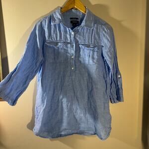 Jones & Co. 100% Linen Sky Blue Tunic Blouse | Roll-Tab Sleeve Popover (Size S)